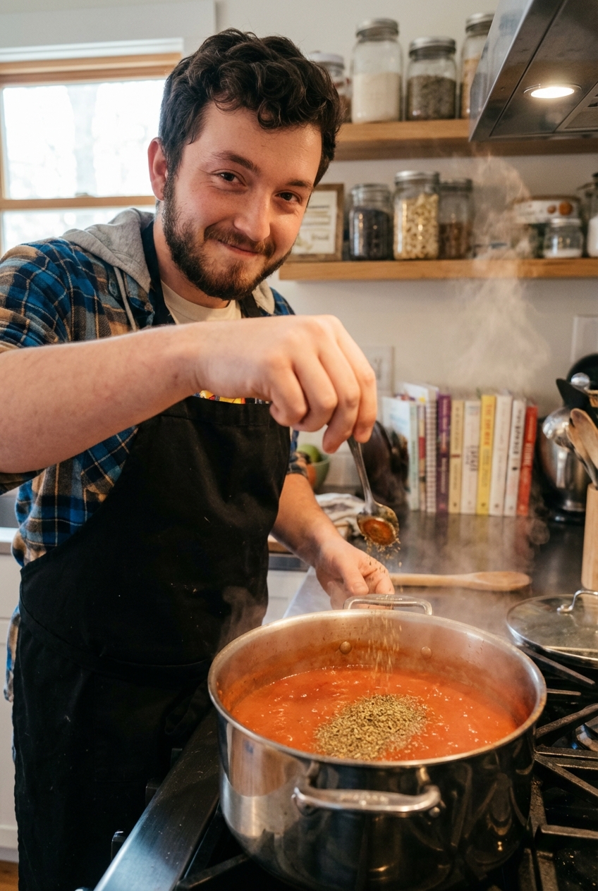 A spoon sprinkling Italian seasoning over a pot of simmering tomato sauce on the stove