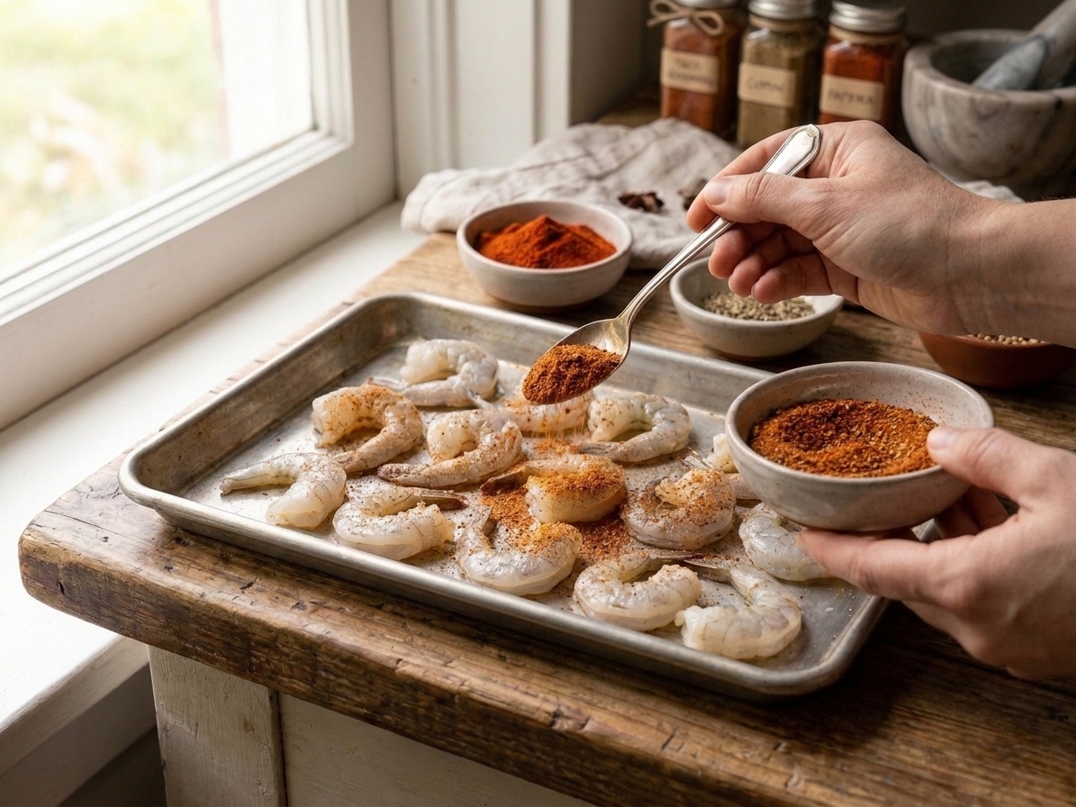 A spoon sprinkling Old Bay style seasoning over raw shrimp on a baking sheet in a home kitchen