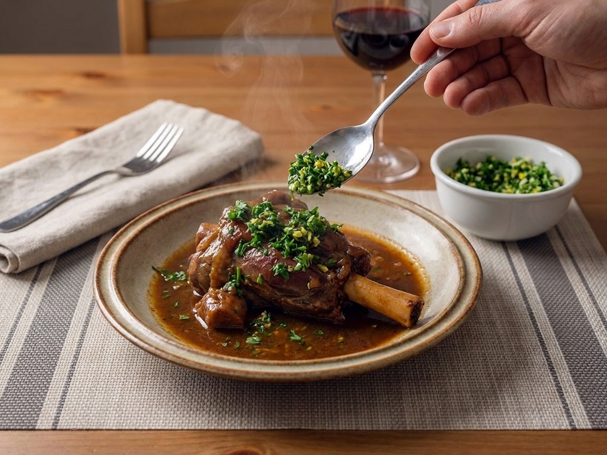 A spoon sprinkling bright green gremolata over a warm braised dish on a plate at a dinner table
