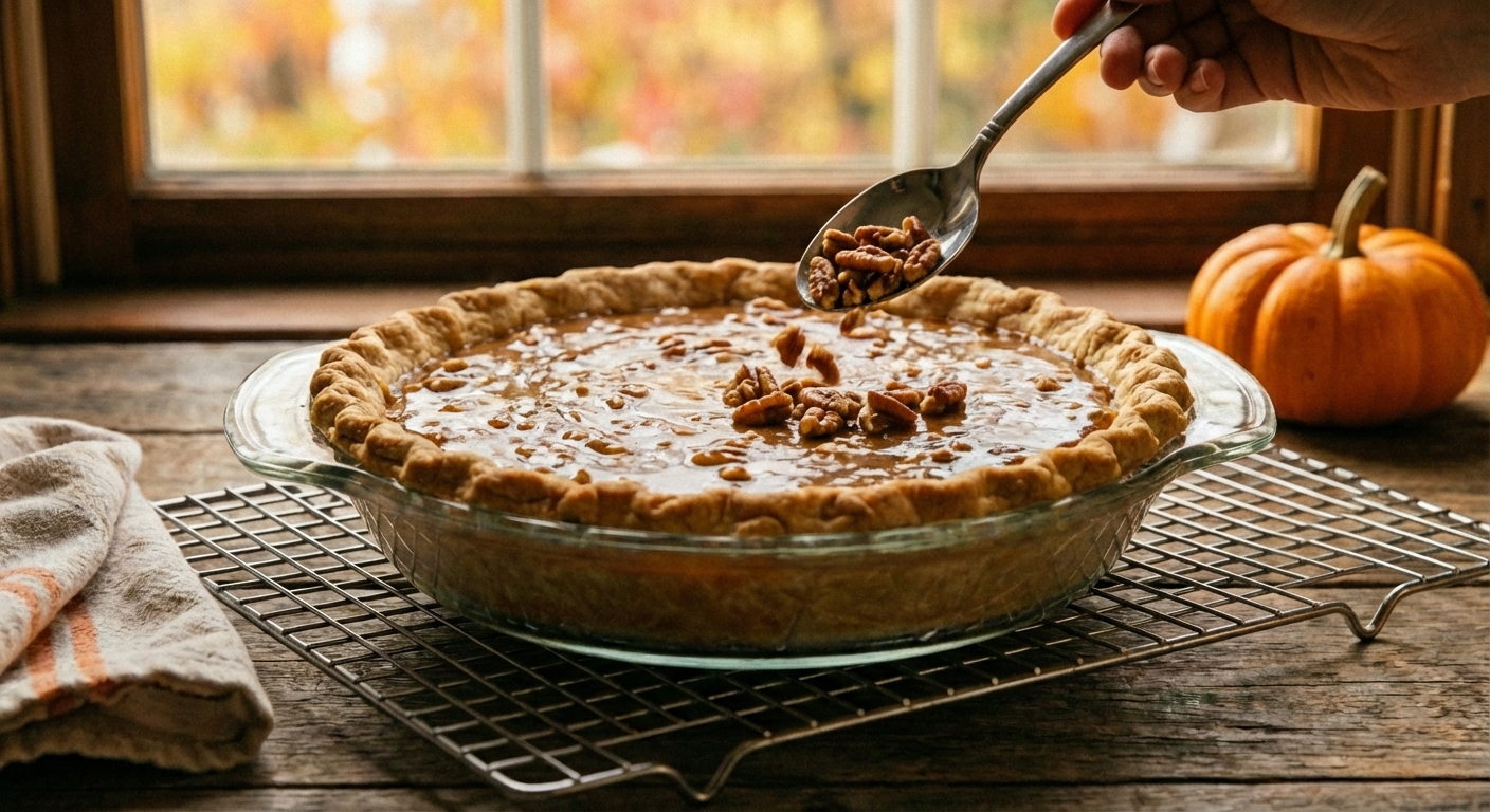 A spoon sprinkling toasted pecans over a caramel-like praline topping