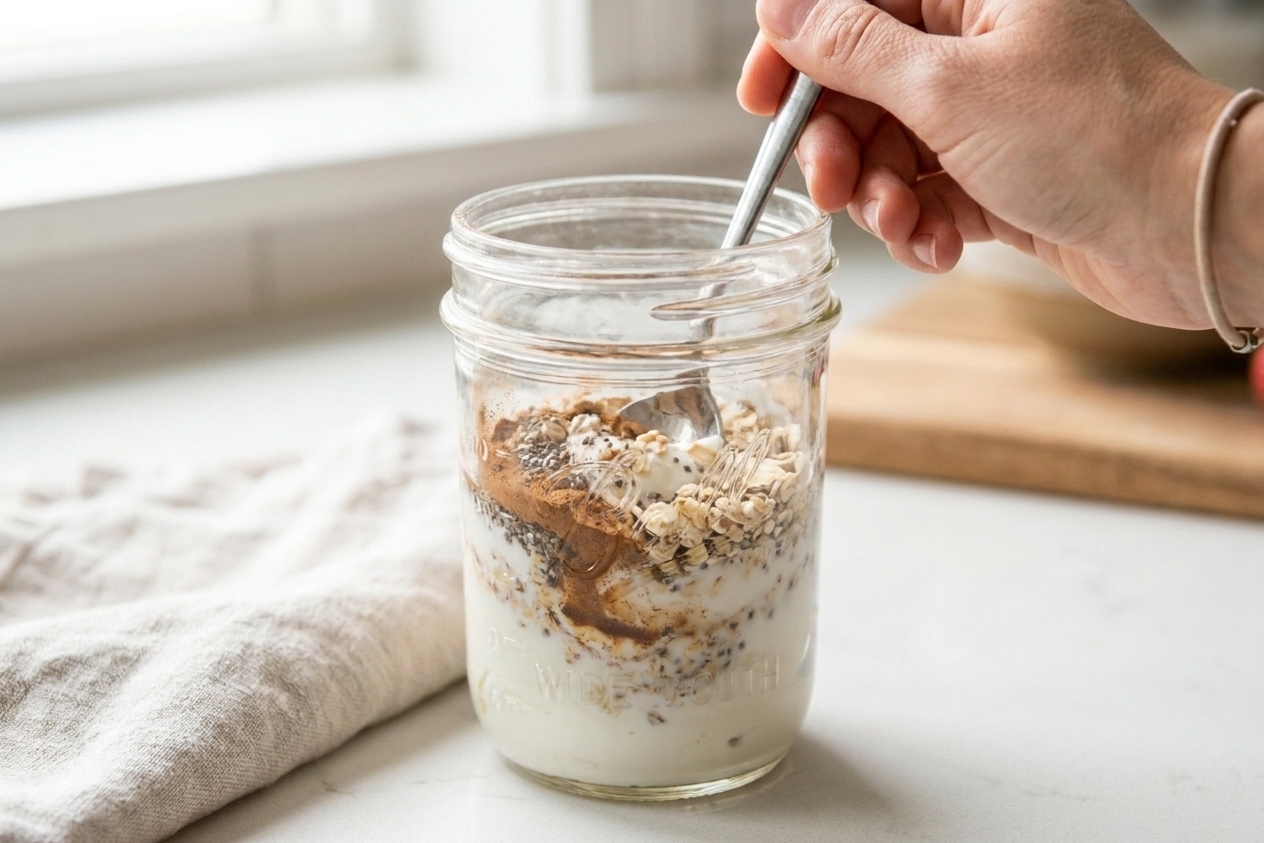 A spoon stirring Greek yogurt, oats, chia seeds, and cinnamon together in a glass jar on a kitchen counter