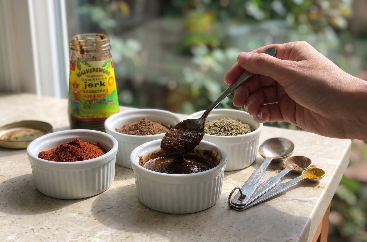 A spoon stirring Jamaican jerk seasoning in a small ceramic bowl on a home kitchen counter with spices nearby