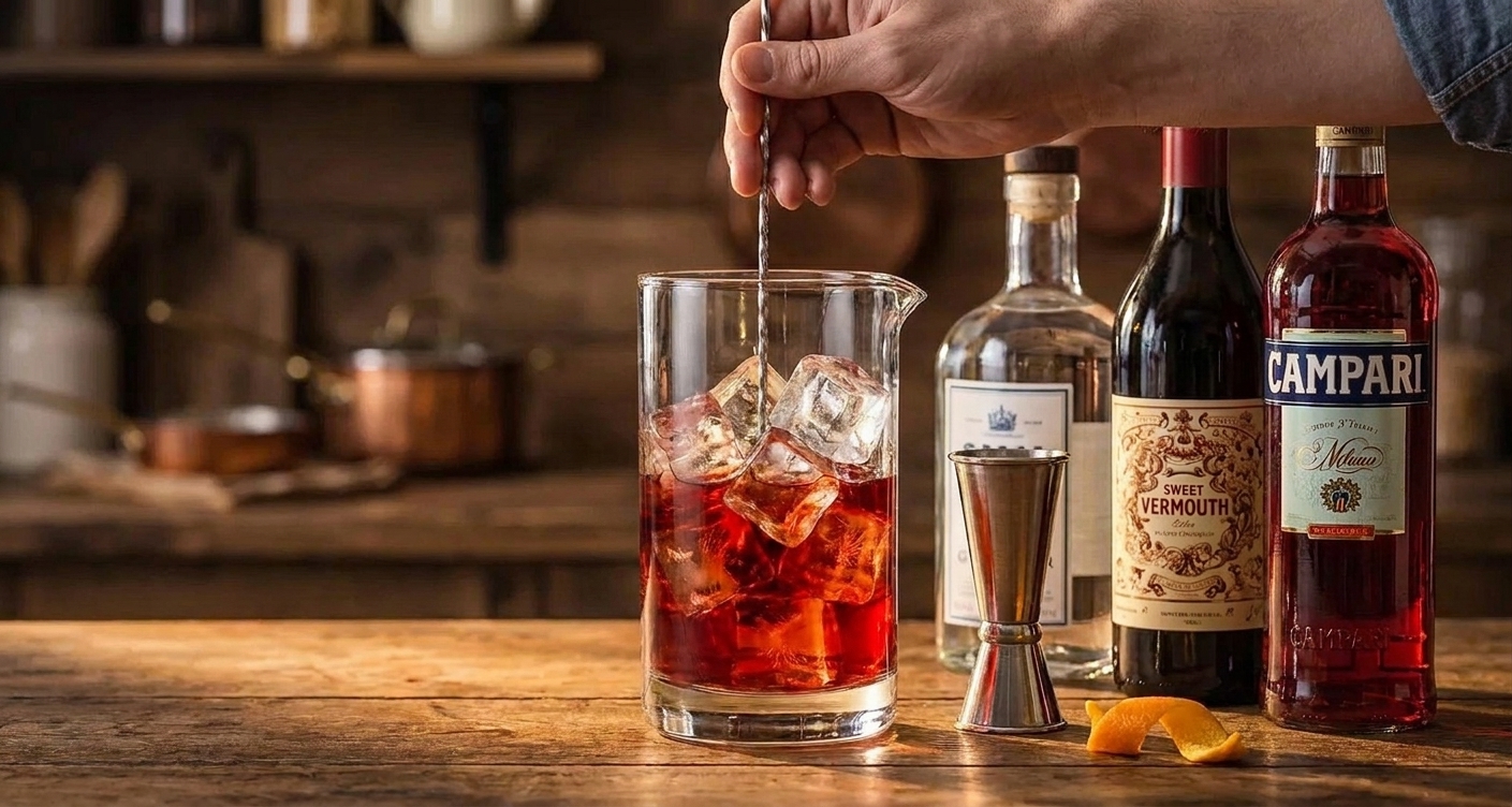 A spoon stirring a deep red Negroni in a mixing glass filled with ice on a home kitchen counter