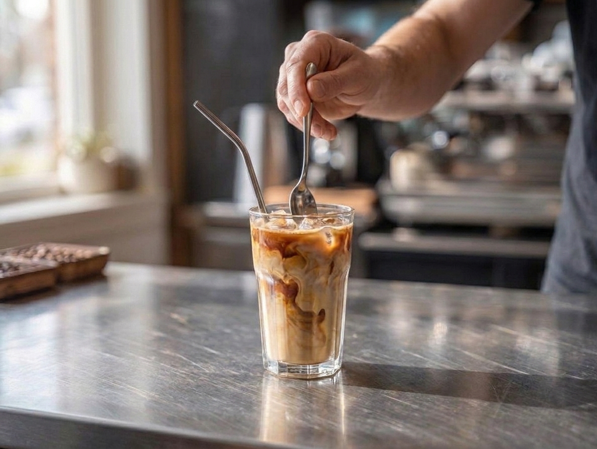 A spoon stirring a freshly made iced latte in a clear glass with ice cubes, close-up on a bright countertop