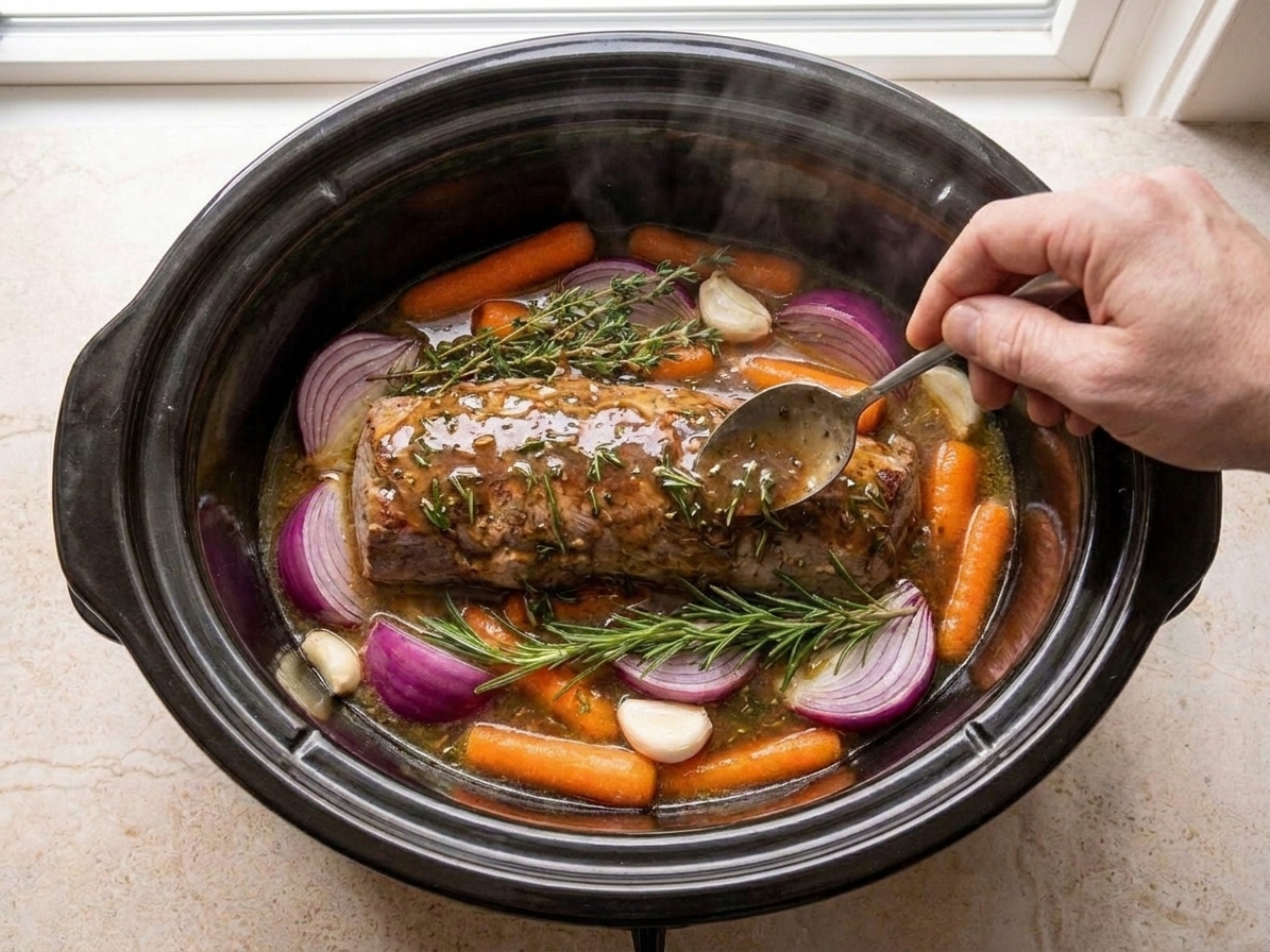 A spoon stirring a glossy herb gravy inside a slow cooker with onions and carrots