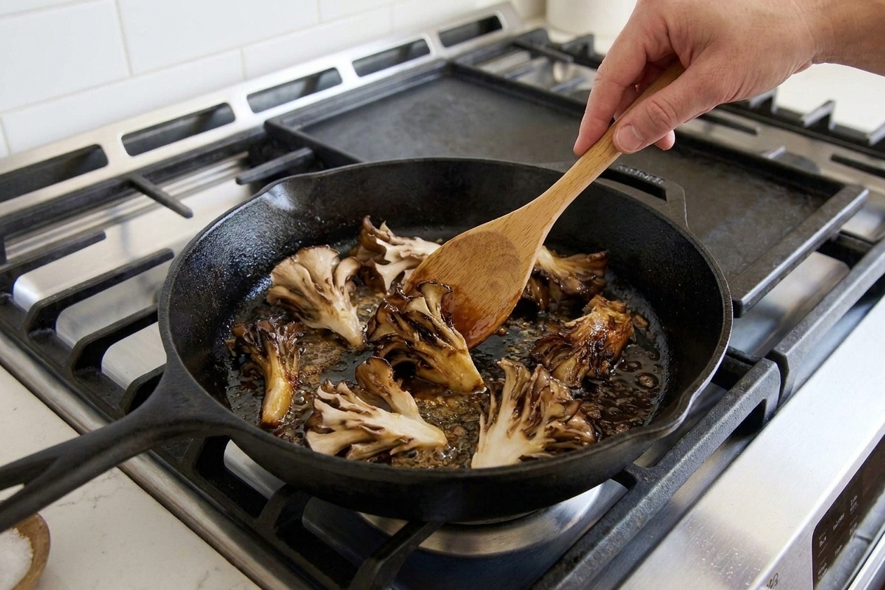 A spoon stirring a glossy miso-butter glaze around crisp maitake mushrooms in a skillet