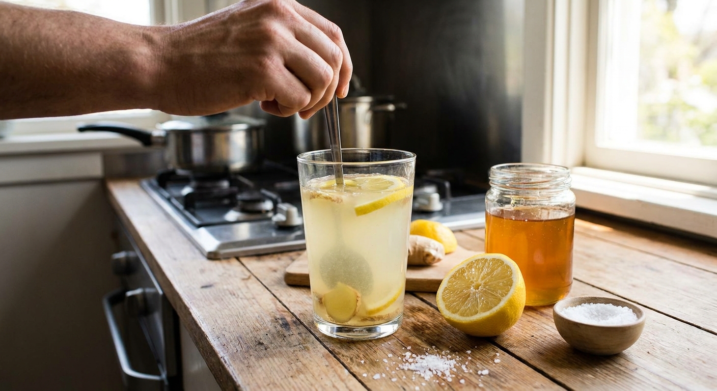 A spoon stirring a homemade electrolyte drink in a clear glass on a kitchen counter, with a lemon half nearby