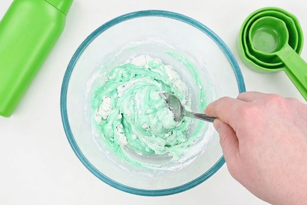 A spoon stirring a thickening cornstarch and shampoo mixture in a glass bowl