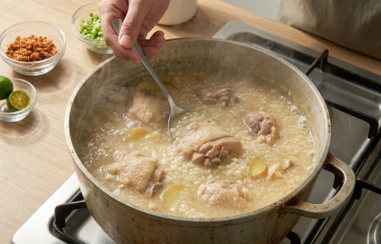 A spoon stirring arroz caldo in a pot on the stove as the rice porridge thickens, with steam rising