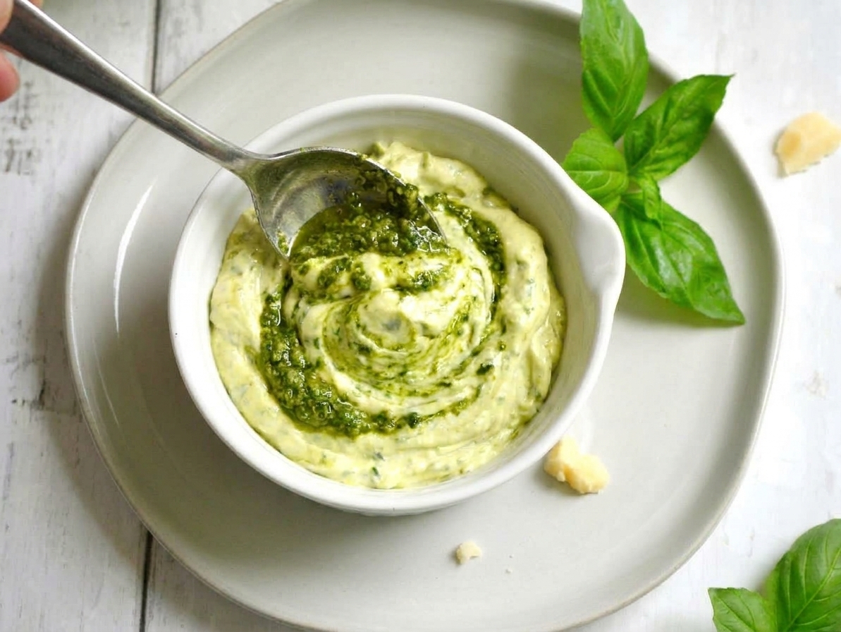 A spoon stirring basil pesto into mayonnaise in a white bowl on a light kitchen counter
