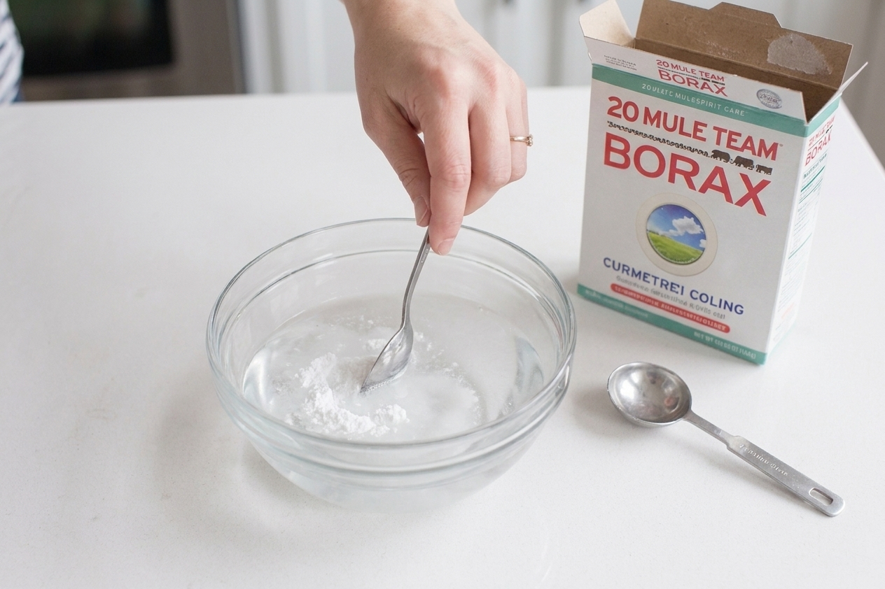 A spoon stirring borax into a glass bowl of warm water on a kitchen counter