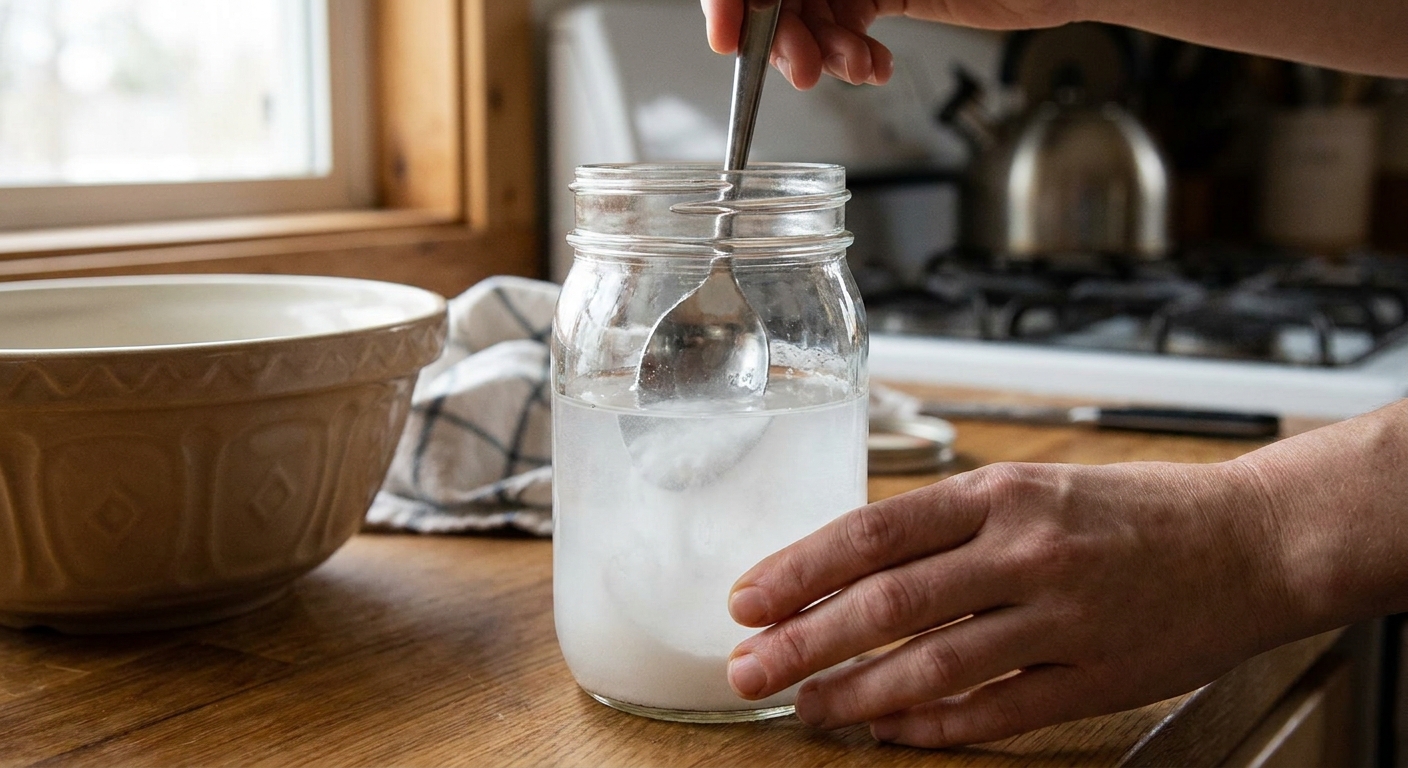A spoon stirring borax solution in a small glass jar on a kitchen counter