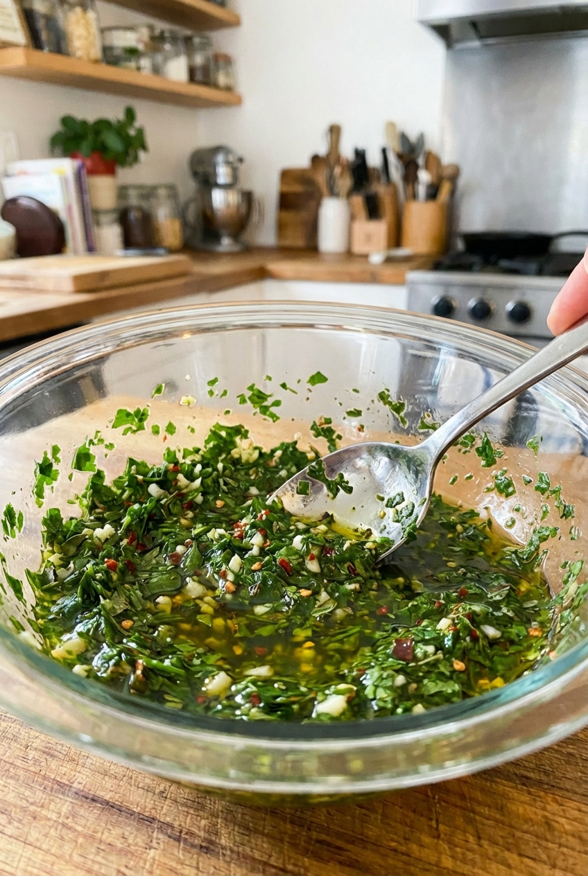 A spoon stirring chimichurri in a mixing bowl showing chopped herbs and olive oil
