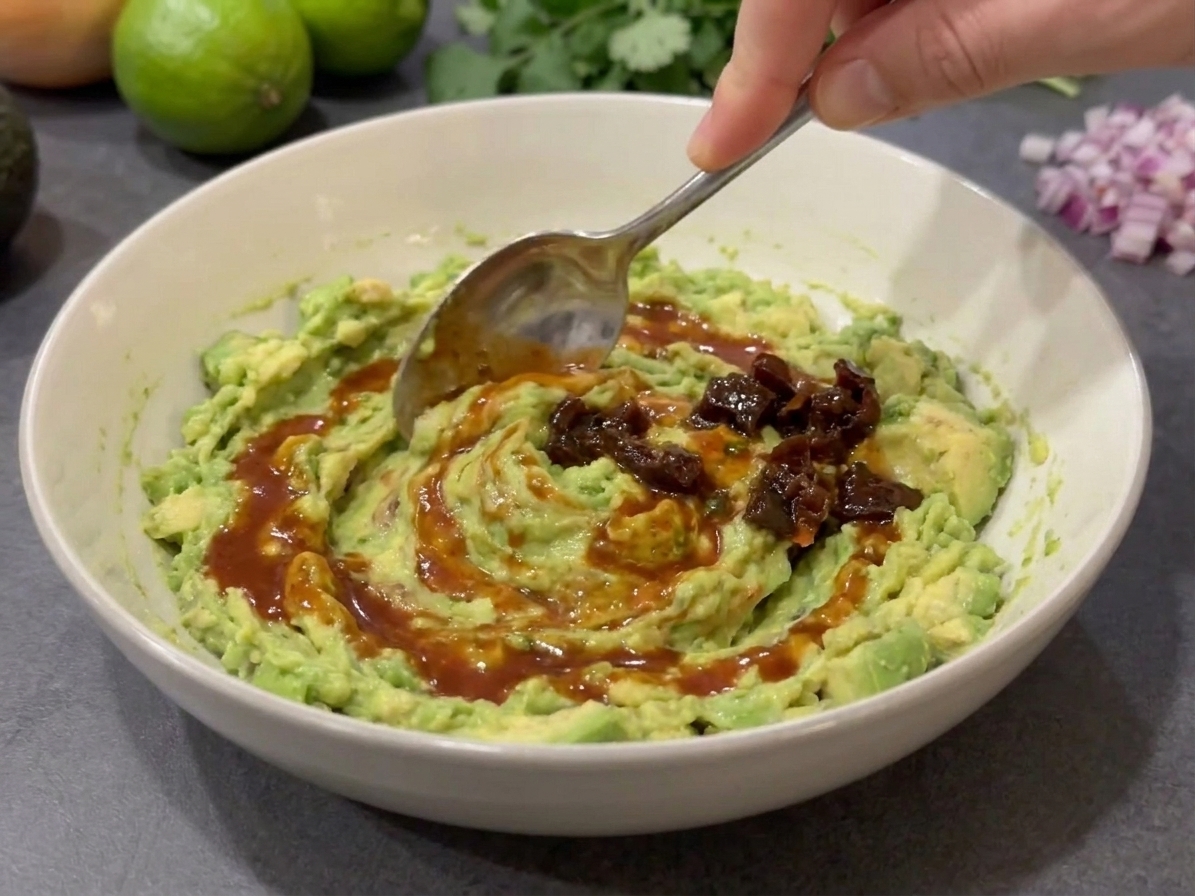 A spoon stirring chopped chipotle pepper and adobo sauce into mashed avocado, creating a creamy, speckled guacamole