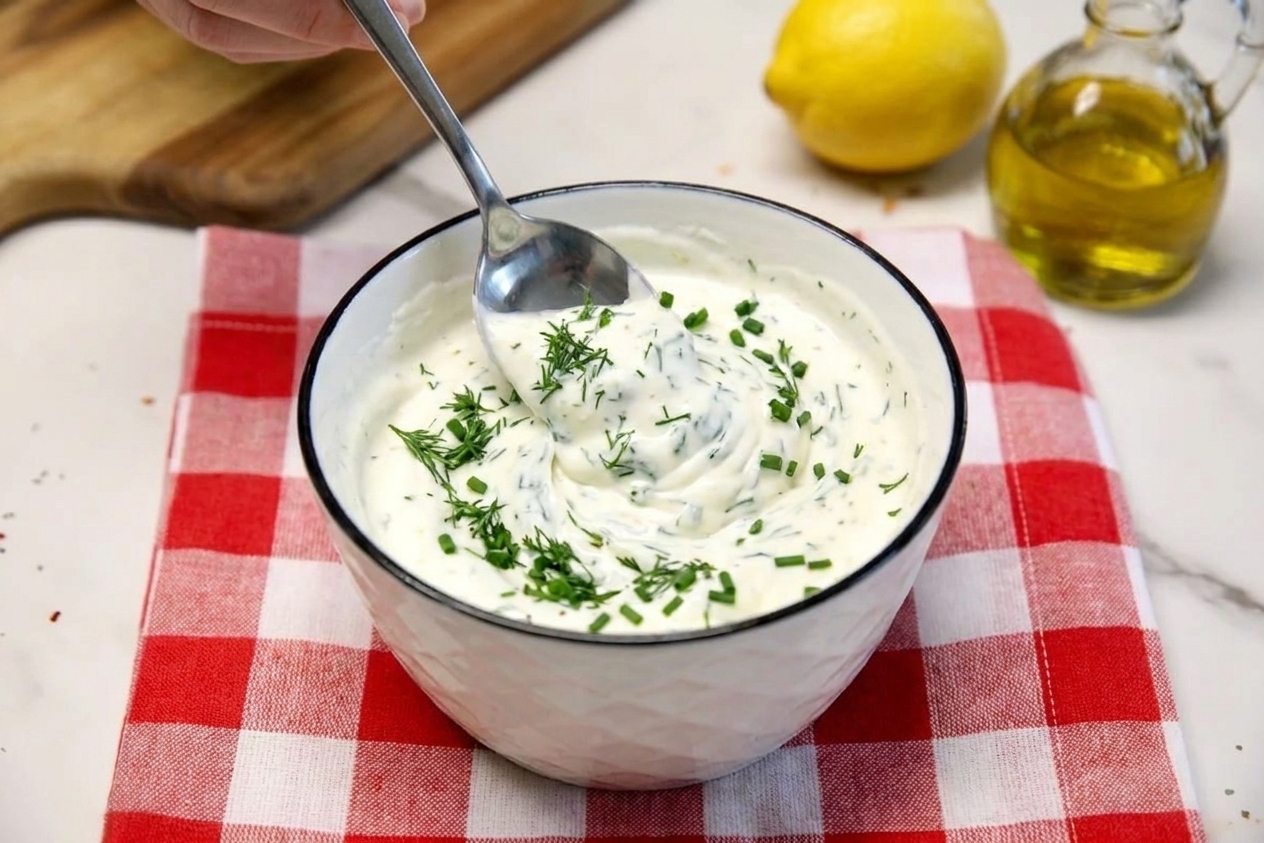 A spoon stirring chopped dill and chives into a creamy yogurt dip in a bowl, with the herbs evenly distributed