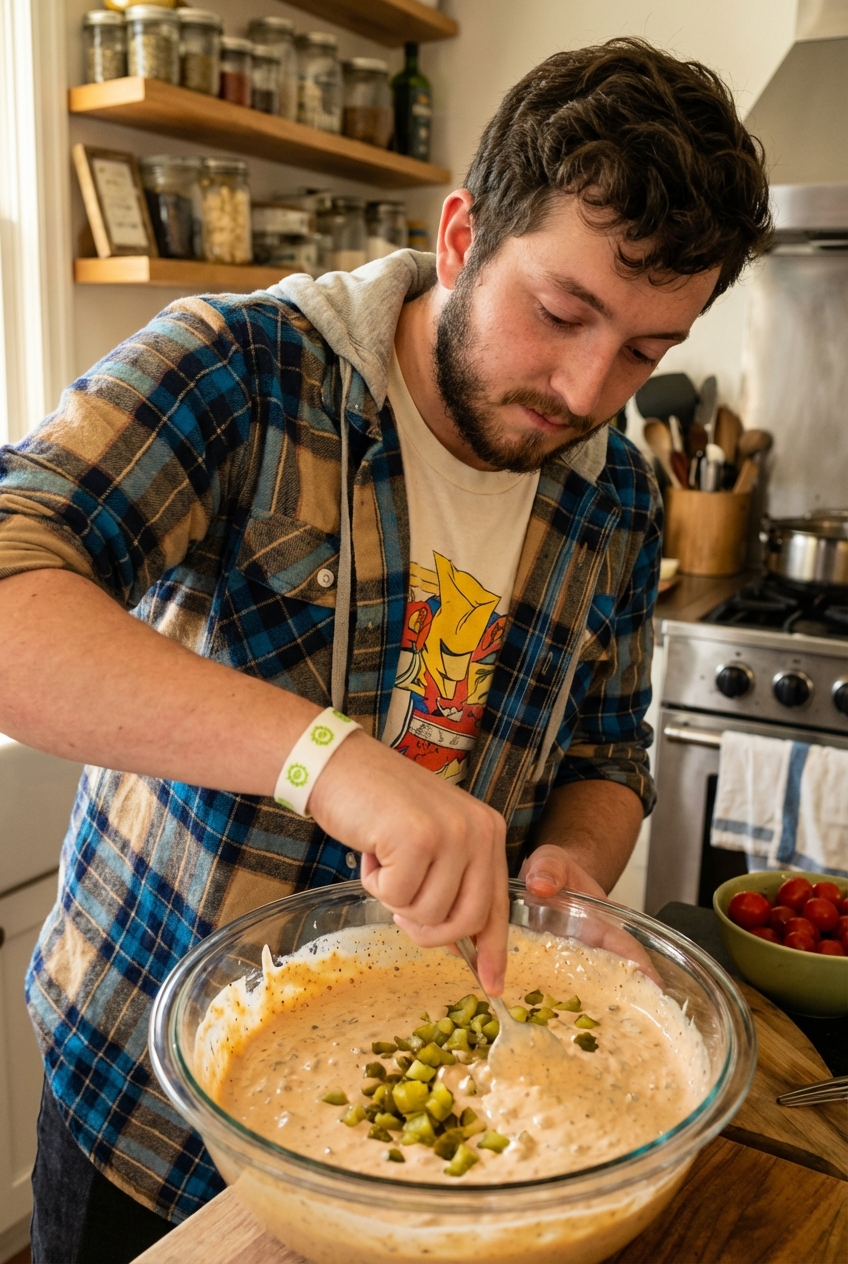A spoon stirring creamy burger sauce in a mixing bowl, with diced pickles and spices visible