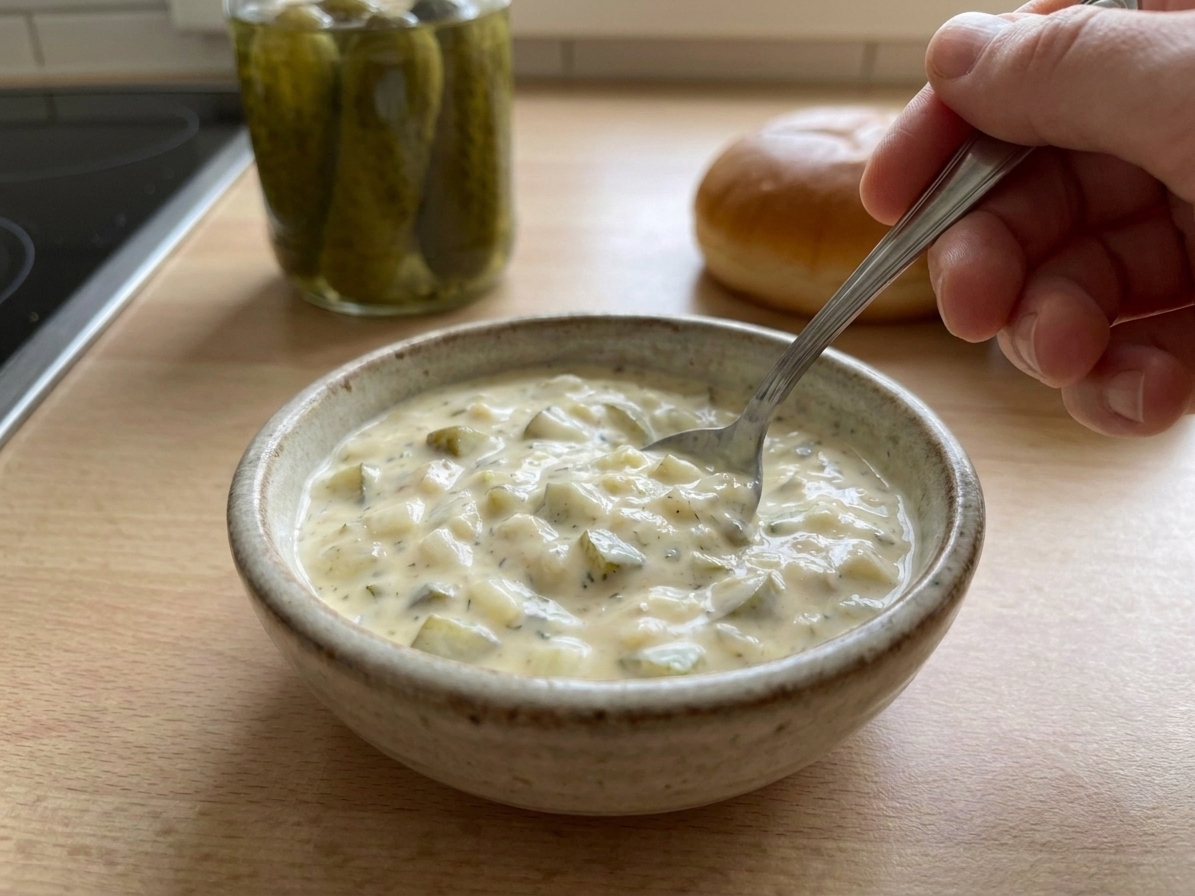 A spoon stirring creamy burger sauce in a small bowl on a kitchen counter