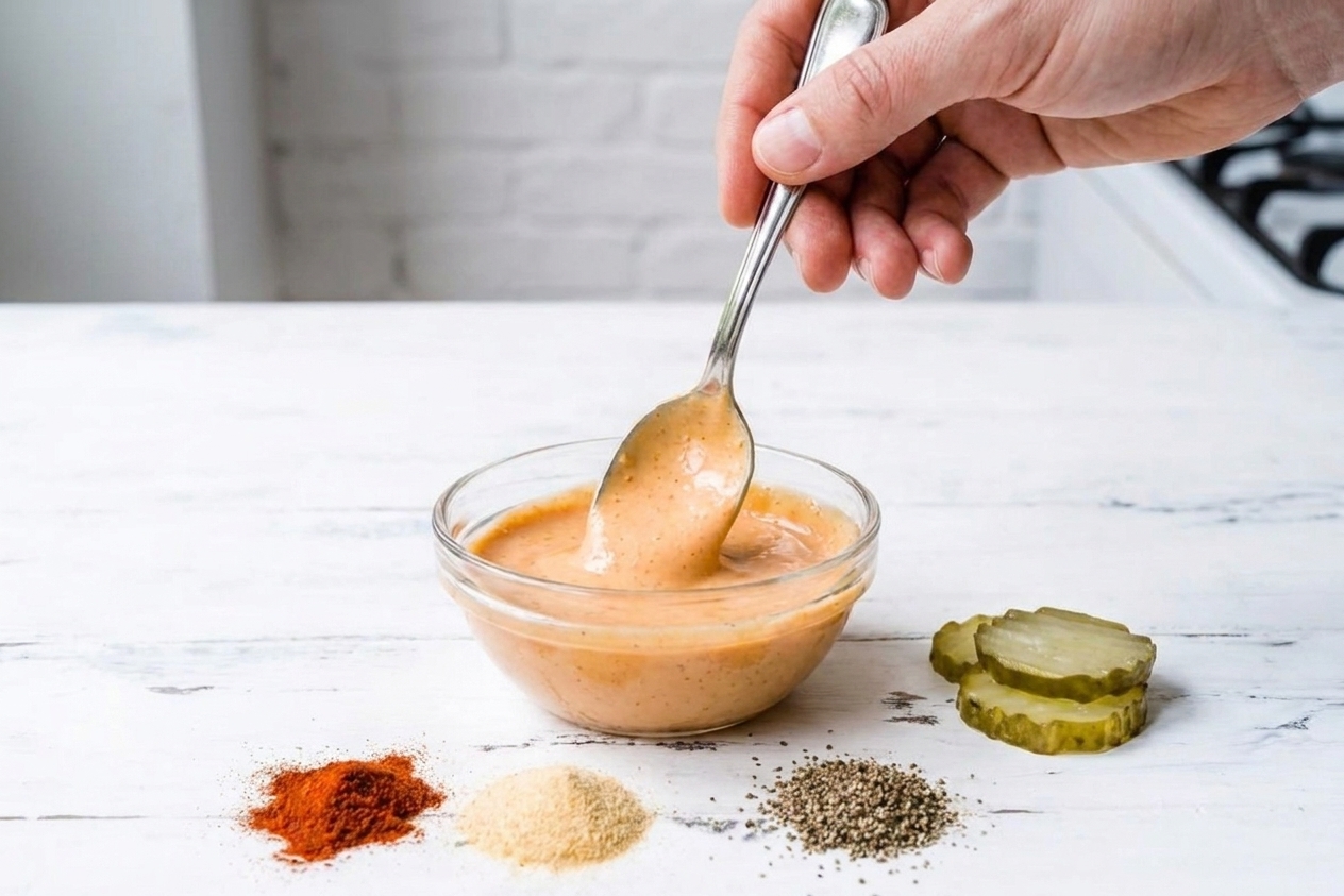 A spoon stirring creamy burger sauce in a small bowl on a kitchen counter with pickles and spices nearby