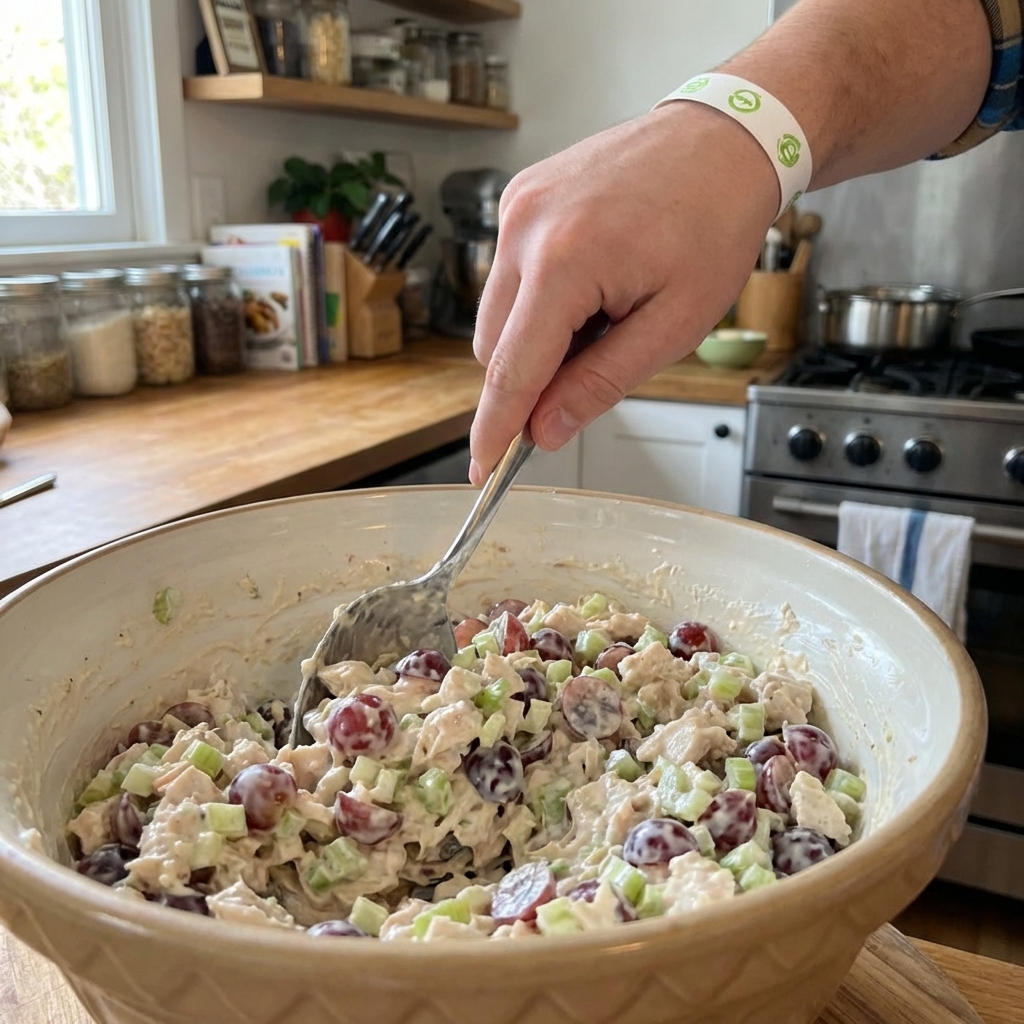 A spoon stirring creamy chicken salad with grapes and celery in a mixing bowl