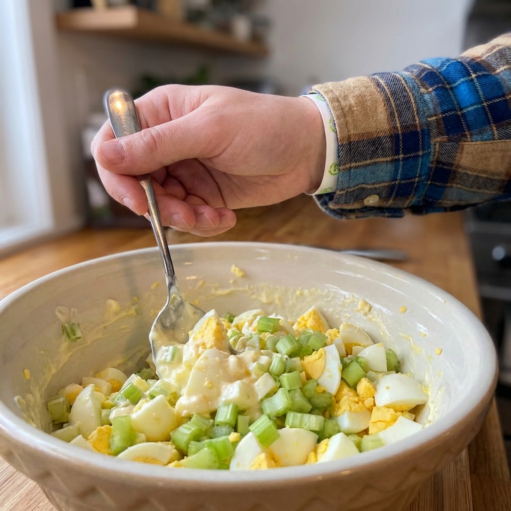 A spoon stirring creamy egg salad in a mixing bowl with visible chopped eggs and celery