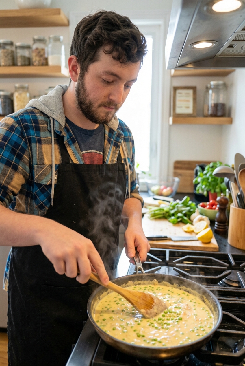 A spoon stirring creamy lemon tuna sauce in a skillet with peas