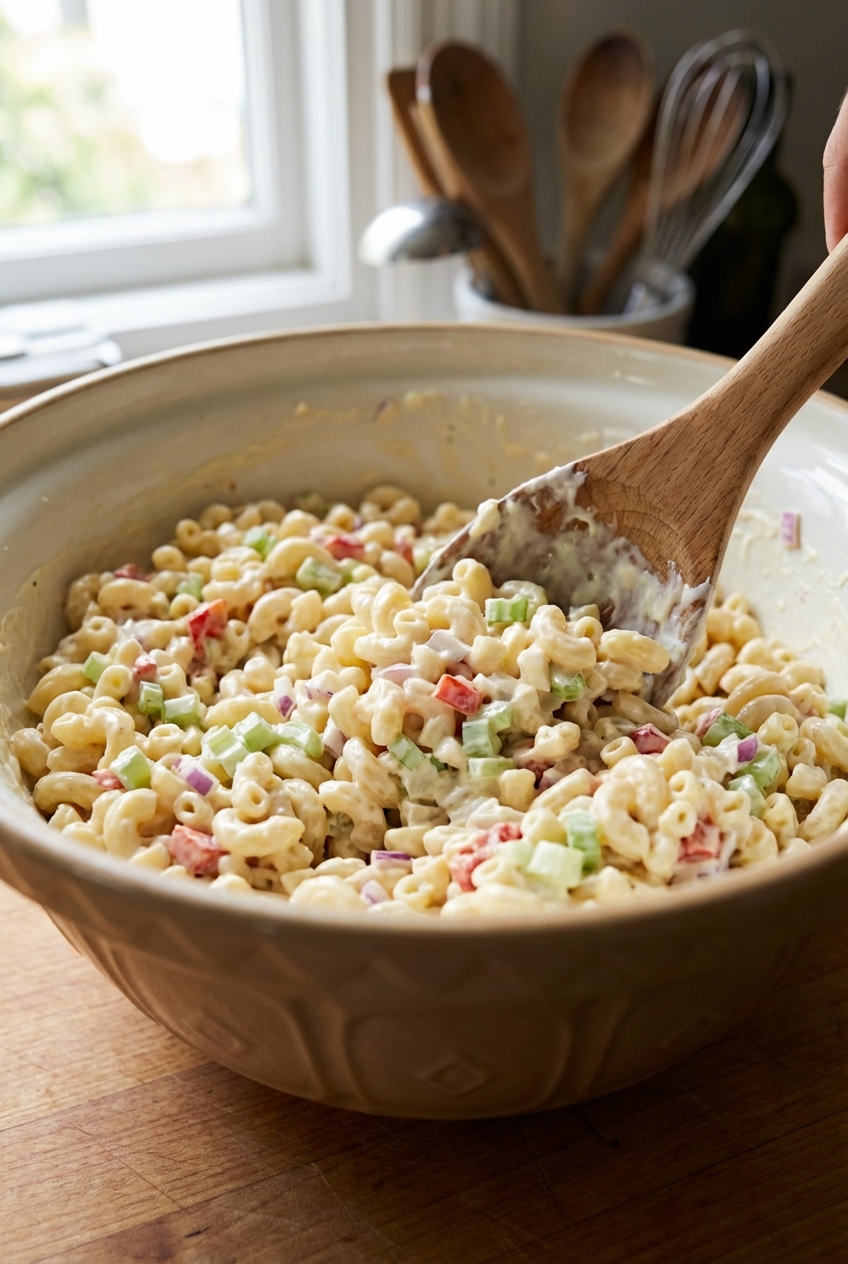 A spoon stirring creamy macaroni salad in a large mixing bowl