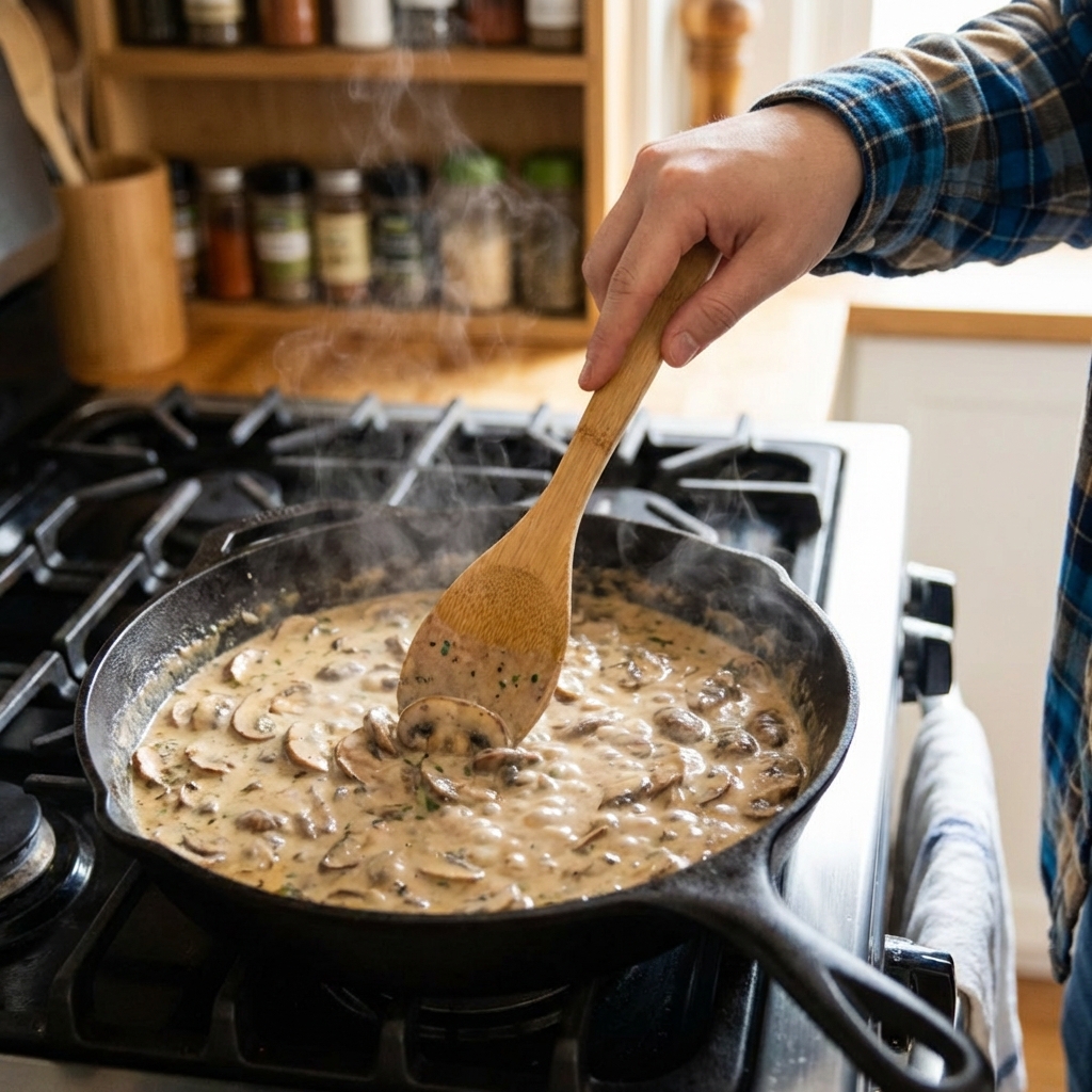 A spoon stirring creamy mushroom sauce in a skillet with steam rising