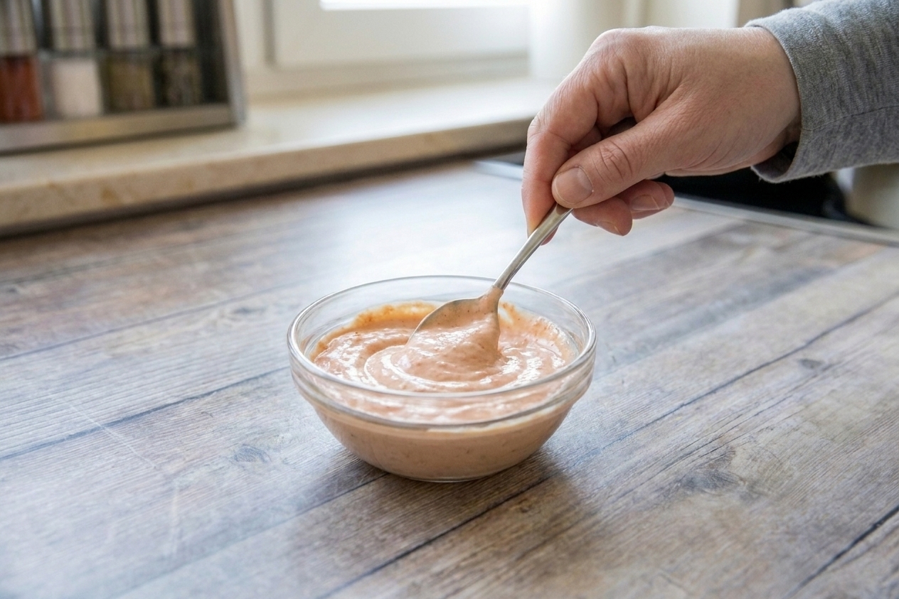 A spoon stirring creamy pink burger spread in a small ceramic bowl on a clean kitchen counter