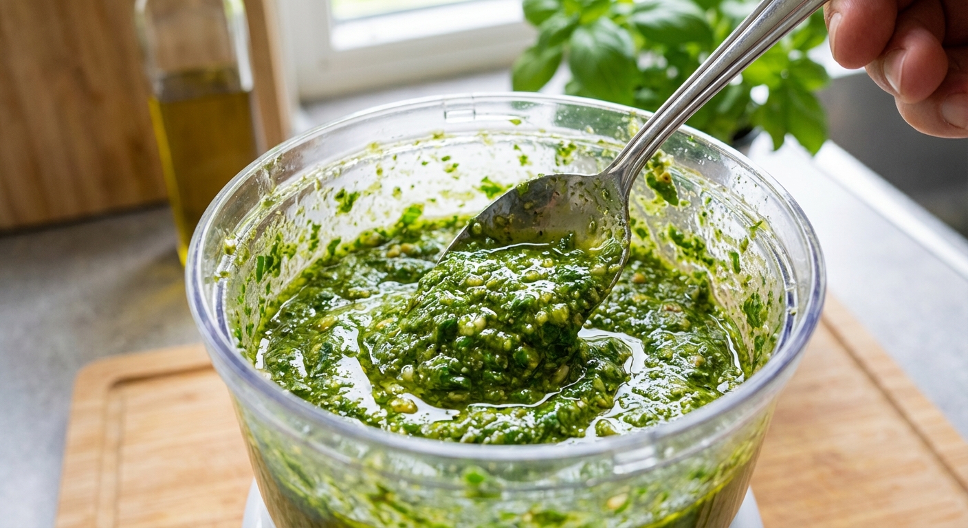 A spoon stirring freshly made basil pesto in a food processor bowl, showing a glossy bright green texture