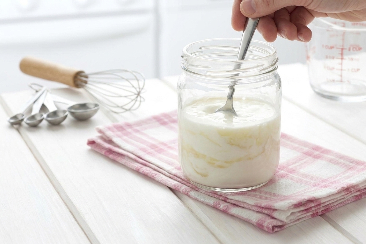 A spoon stirring heavy cream and buttermilk together inside a glass jar on a kitchen counter