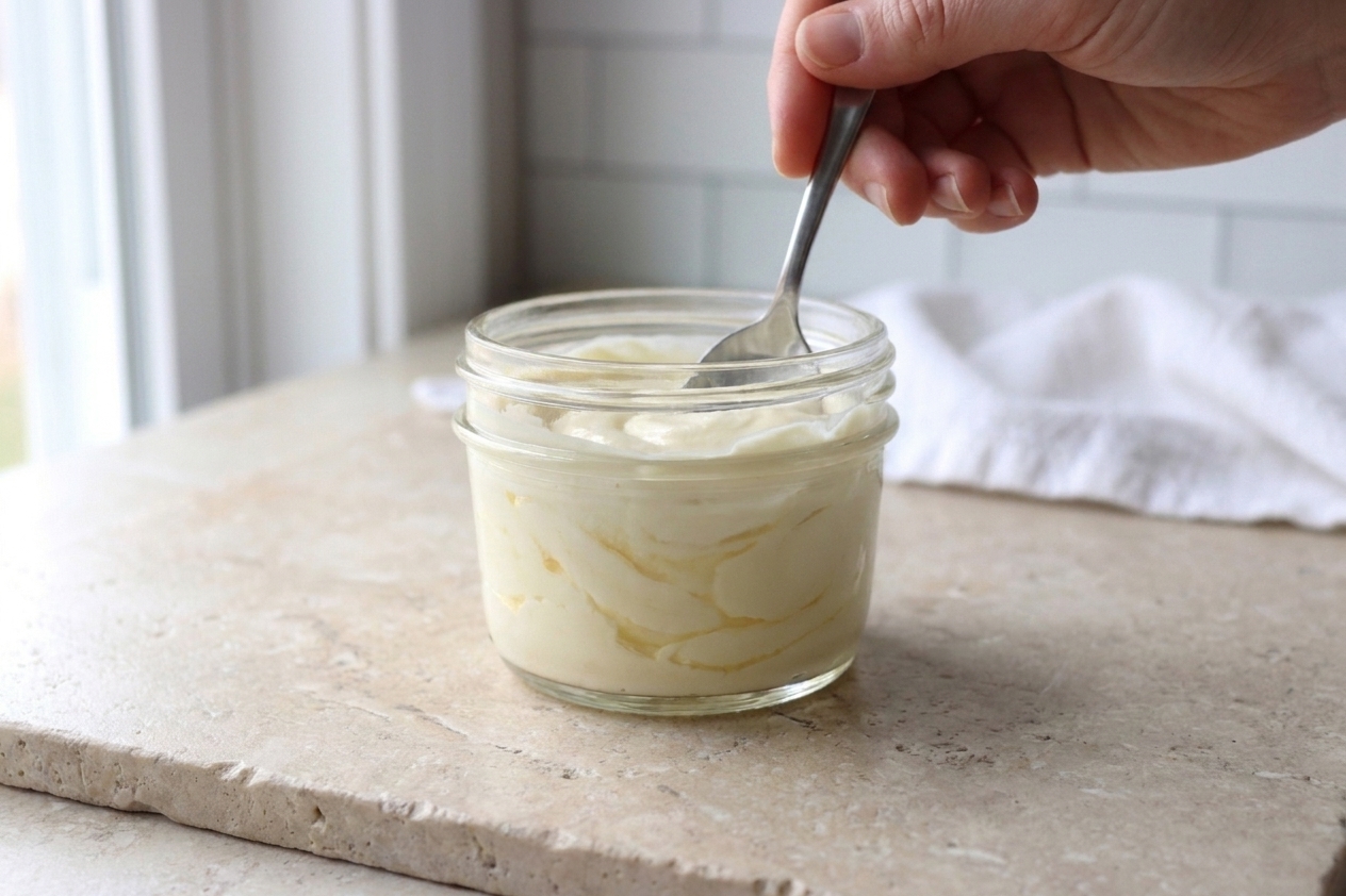 A spoon stirring heavy cream and cultured buttermilk together in a clean glass jar on a light stone counter in soft natural light