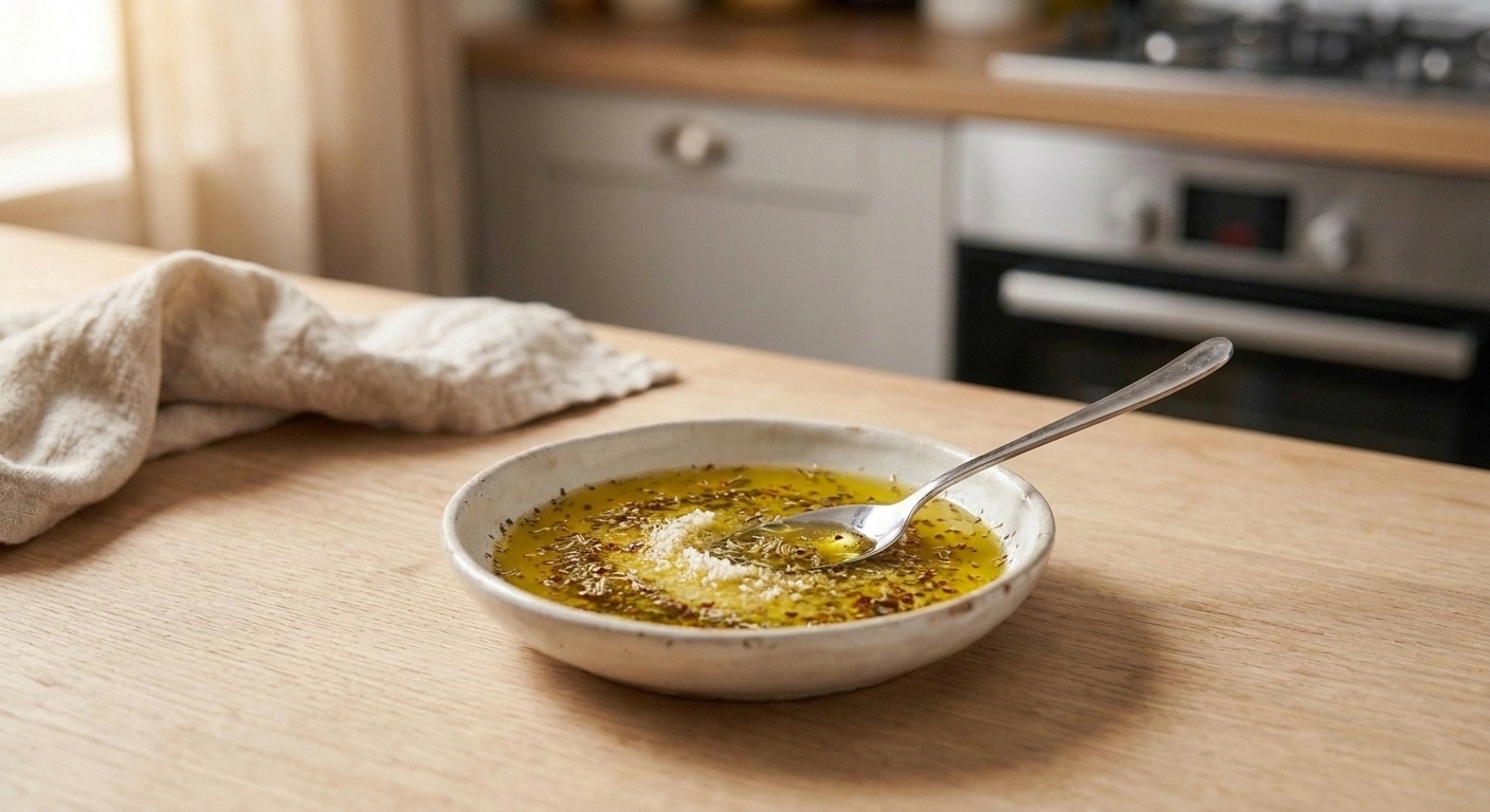 A spoon stirring herb and parmesan-flecked olive oil in a shallow bowl on a wooden table