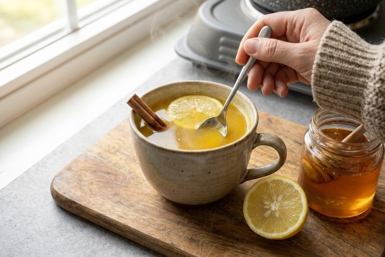 A spoon stirring honey and lemon into a mug of turmeric tea on a kitchen counter