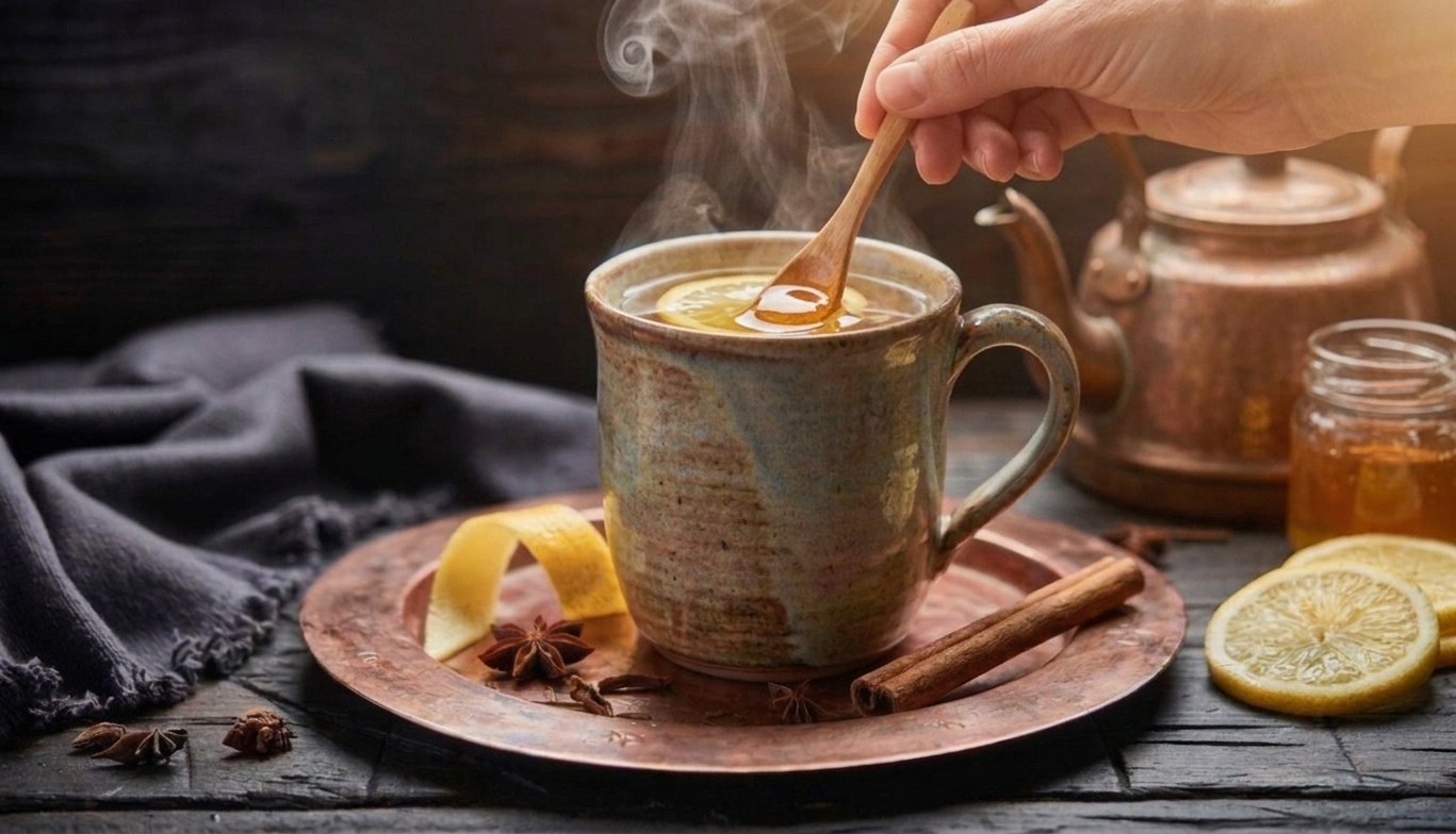 A spoon stirring honey and lemon into a steaming mug on a kitchen counter with a kettle nearby