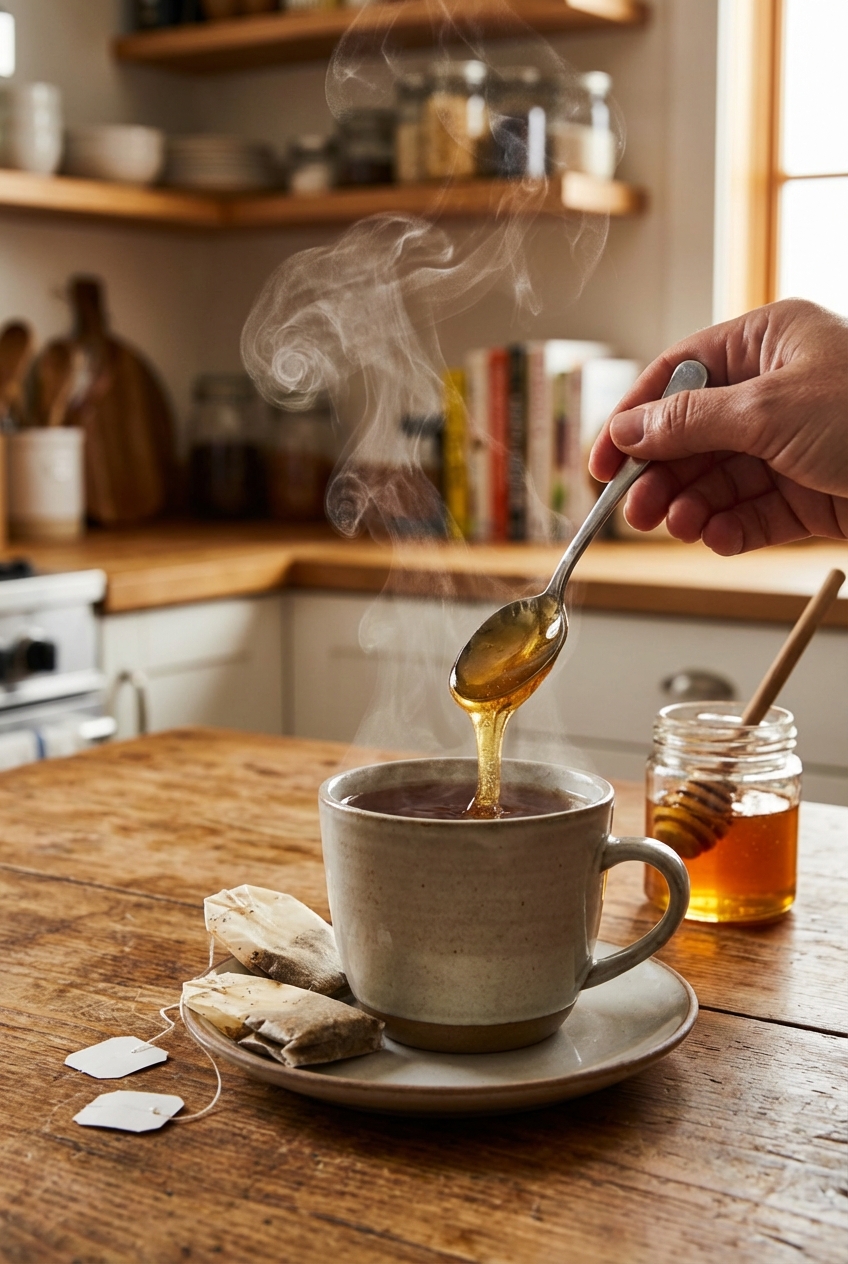 A spoon stirring honey into a steaming mug of tea with tea bags on the side