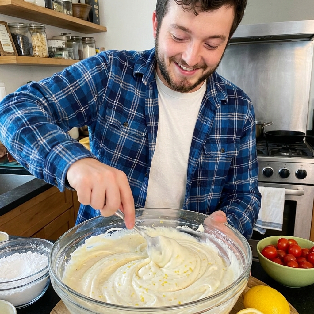 A spoon stirring lemon-zested snow cream in a large bowl with a creamy soft serve texture
