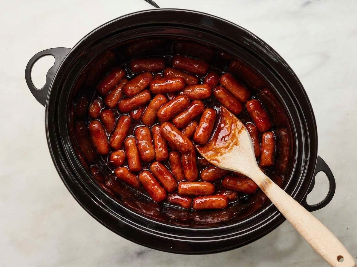 A spoon stirring lil smokies in a slow cooker as the grape jelly barbecue sauce turns glossy and smooth