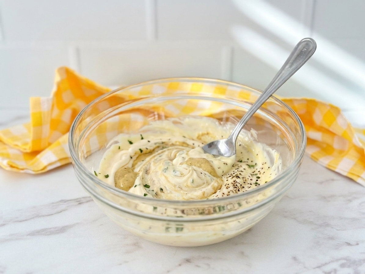 A spoon stirring mayonnaise, Dijon, lemon juice, and seasonings in a glass mixing bowl on a kitchen counter