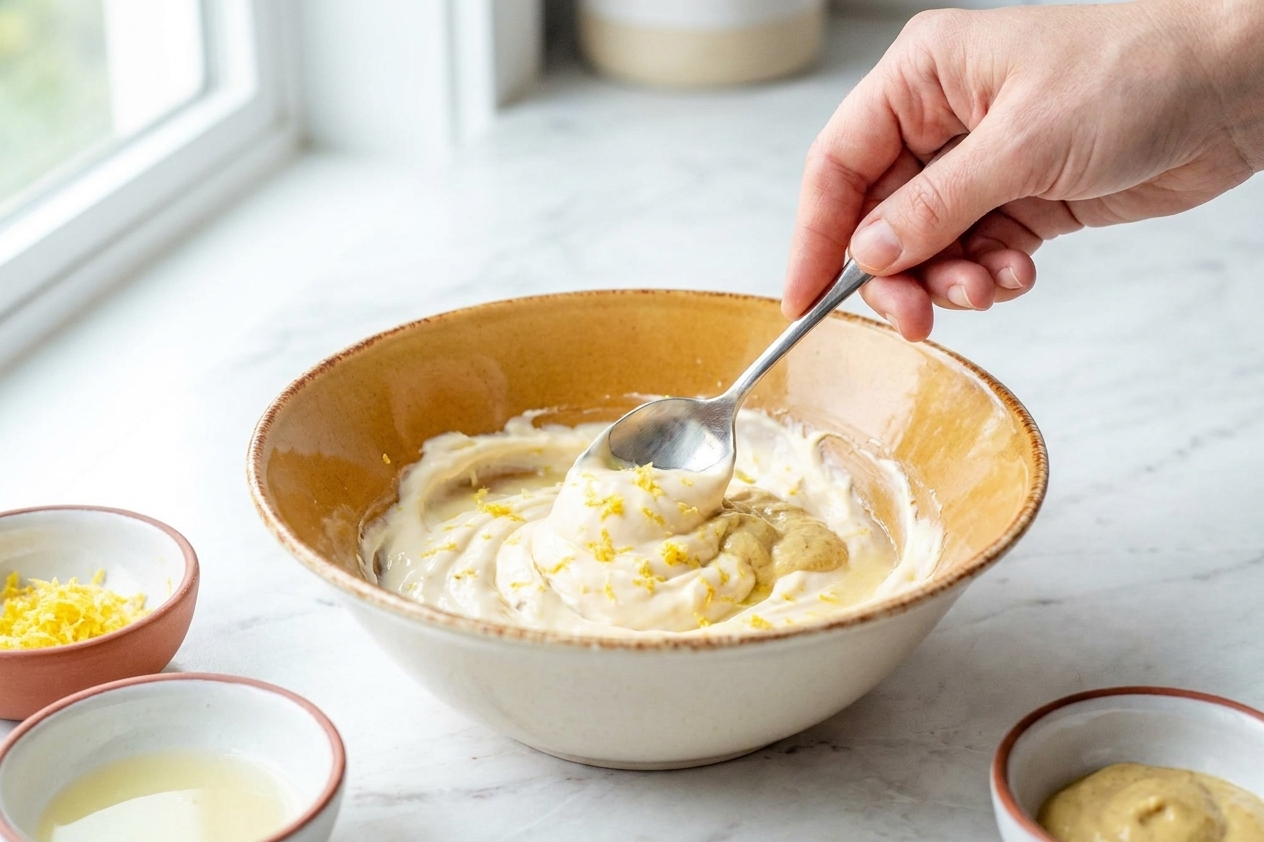 A spoon stirring mayonnaise, Dijon mustard, lemon zest, and lemon juice in a ceramic mixing bowl on a kitchen counter