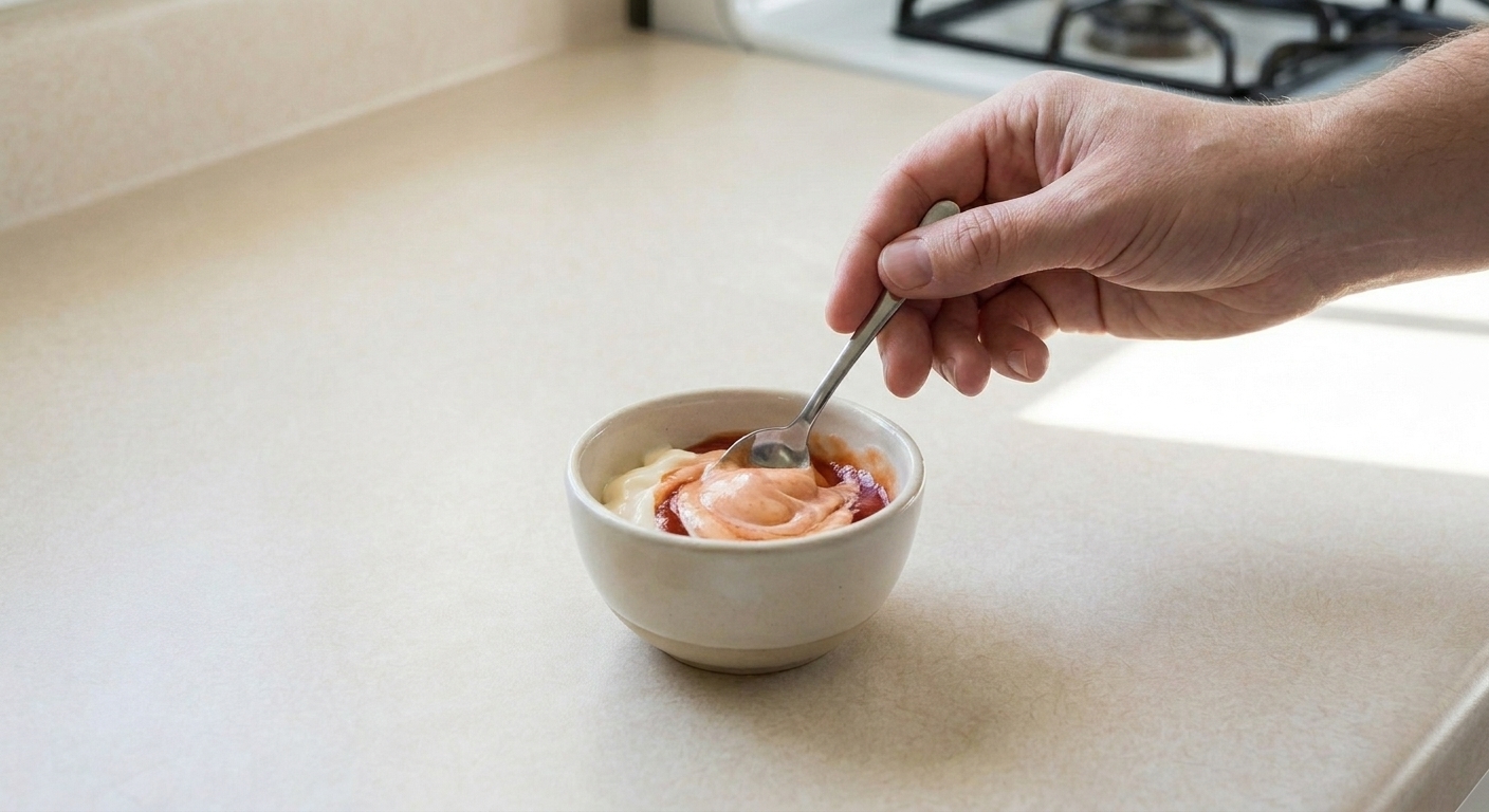 A spoon stirring mayonnaise and ketchup together in a small white bowl on a kitchen counter