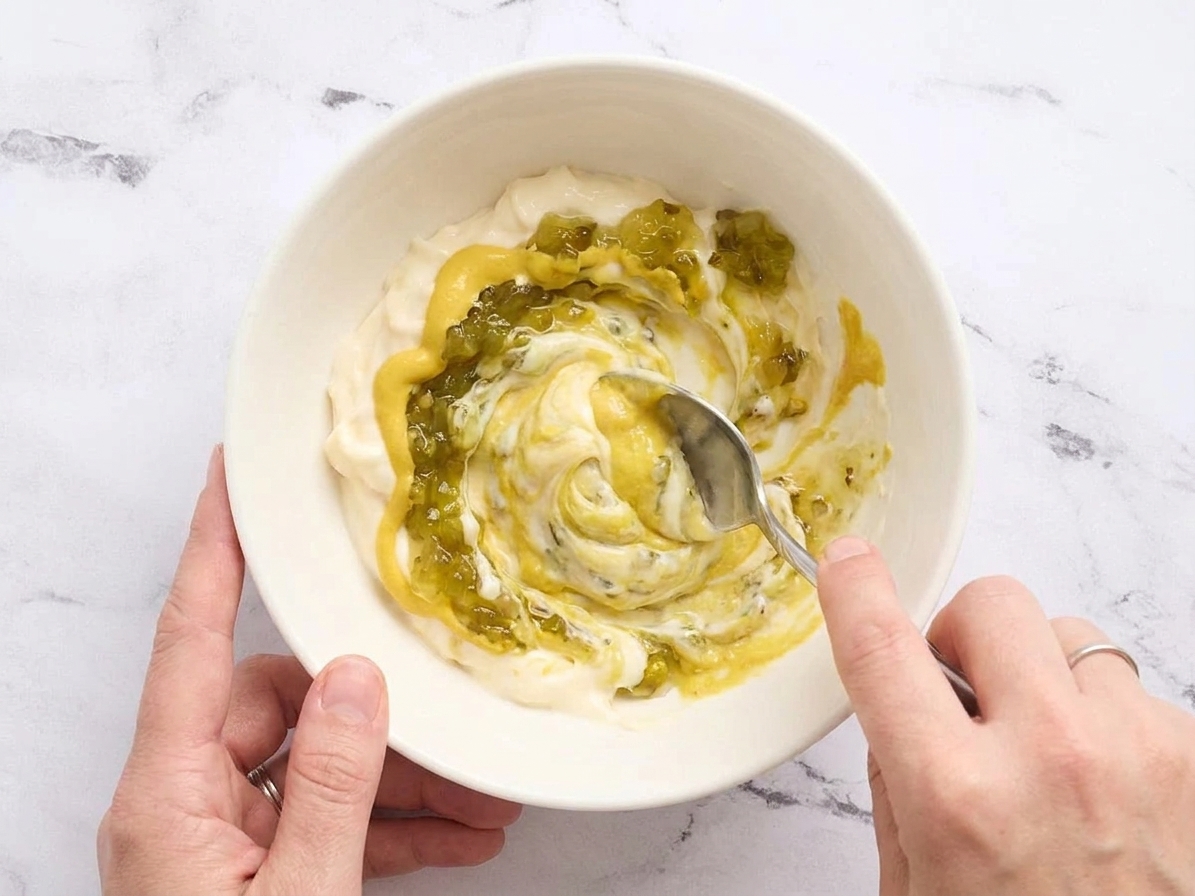 A spoon stirring mayonnaise, sweet relish, and mustard together in a ceramic bowl