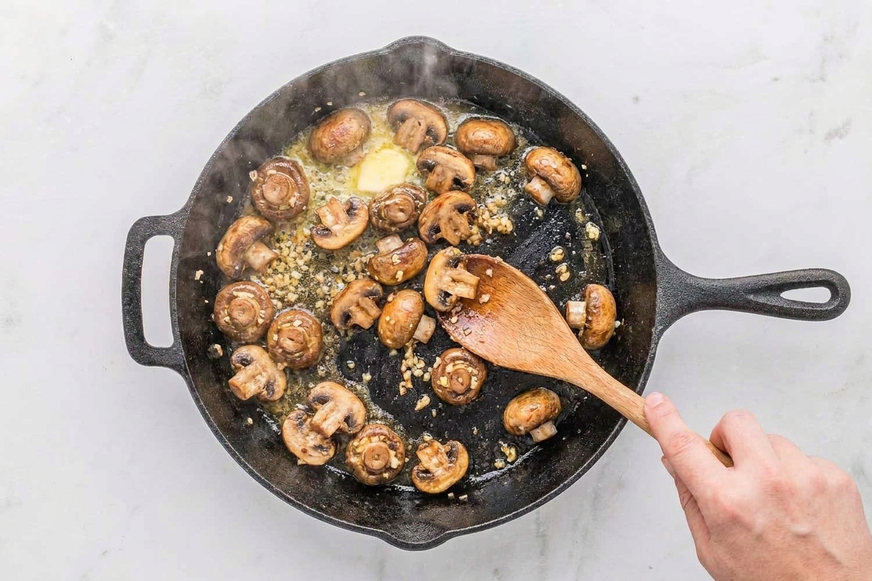 A spoon stirring minced garlic and butter into browned mushrooms in a skillet as steam rises