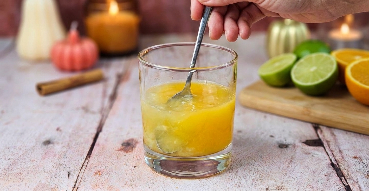 A spoon stirring orange juice and lime juice together in a clear cup on a kitchen counter