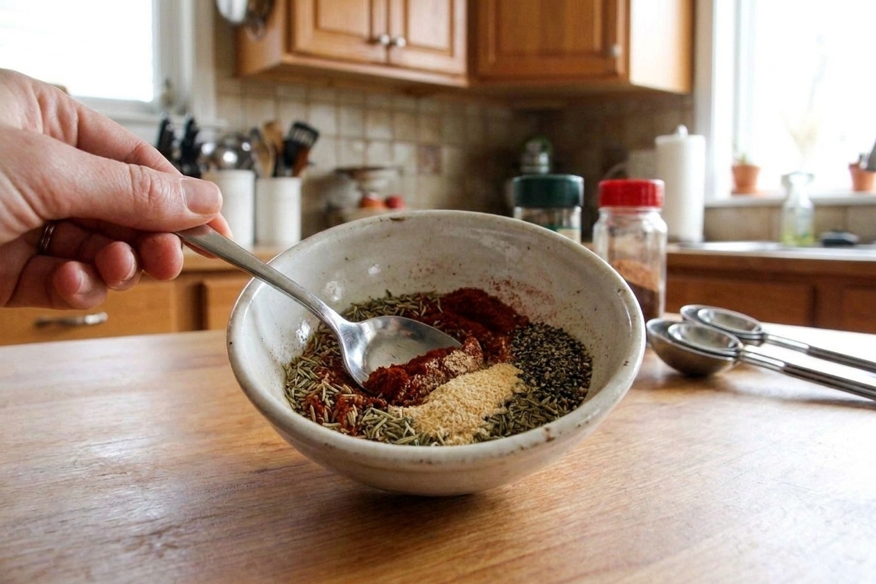 A spoon stirring paprika, garlic powder, herbs, and black pepper together in a small ceramic bowl on a kitchen counter