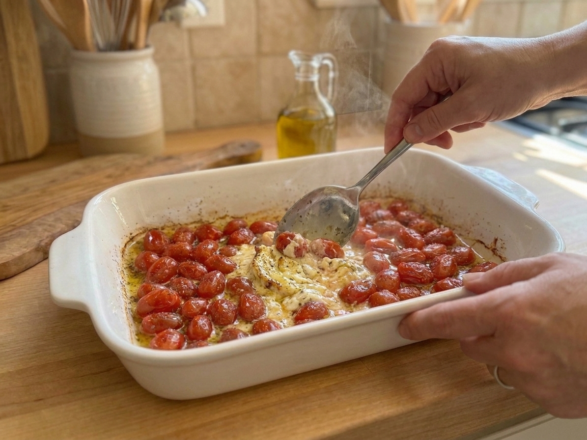 A spoon stirring roasted burst tomatoes and softened garlic herb cheese into a creamy sauce in a baking dish