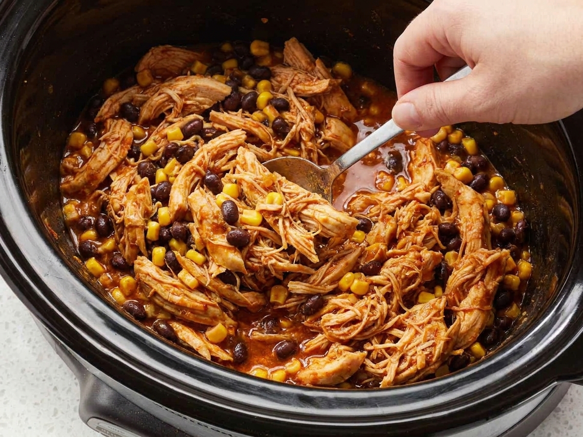 A spoon stirring shredded taco chicken with black beans and corn inside a slow cooker