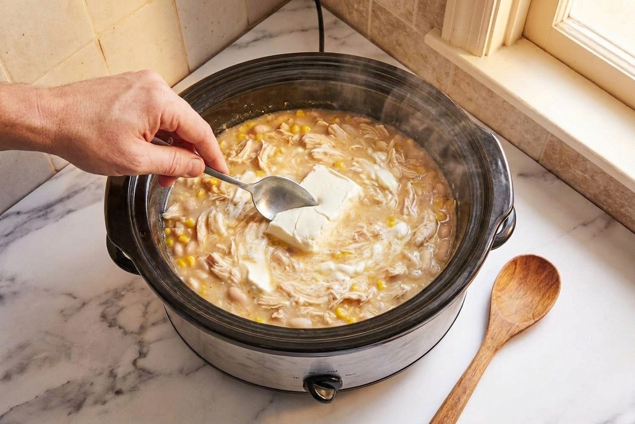 A spoon stirring softened cream cheese into hot white chicken chili inside a slow cooker