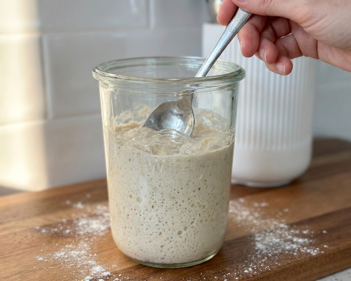 A spoon stirring sourdough starter in a glass jar on a kitchen counter with a light dusting of flour nearby
