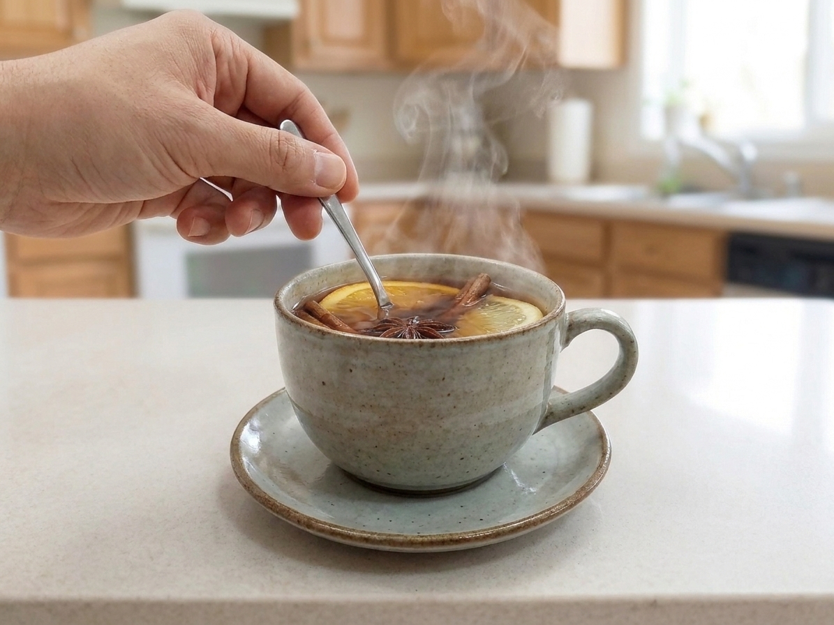 A spoon stirring spiced citrus tea in a ceramic mug as steam rises