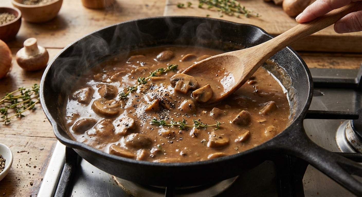 A spoon stirring thick brown mushroom gravy in a skillet